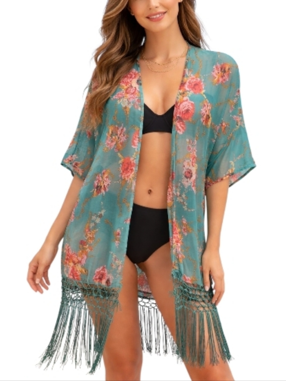 3/$30 Floral Rose Flapper Fringe Chiffon Kimono Swim Cover-up